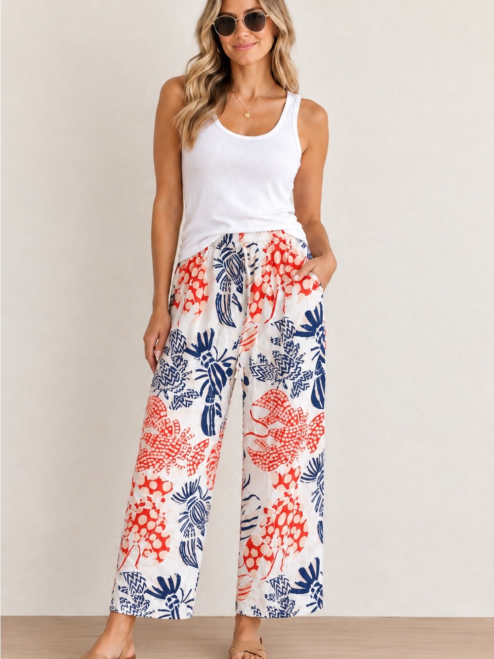 Anthropologie x Farm Rio Printed Wide-Leg Pants Size Large Coastal NWOT